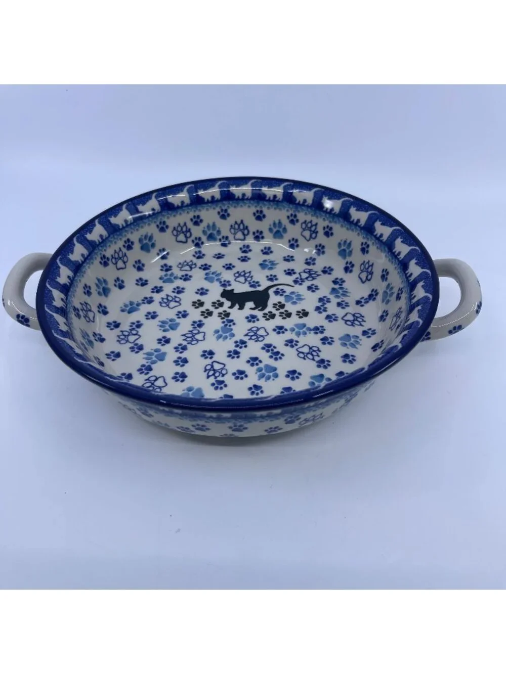 handmade polish pottery baker with 2 handles boo boo kitty paws pattern